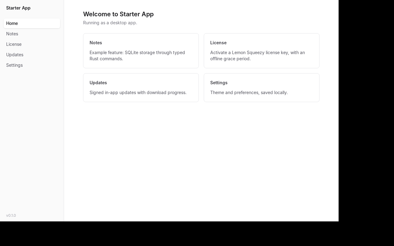 The starter app's home screen with cards for Notes, License, Updates and Settings