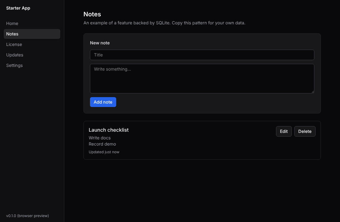 The starter app's Notes screen in dark mode, with a note list and an add-note form